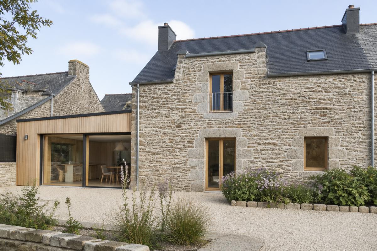 Rénovation d'une longère bretonne avec extension bois à Riantec